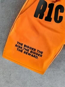 Manfinity Dauomo Quần short cạp rút in khẩu hiệu thường ngày mùa hè cho nam - trái cam - Xem 4