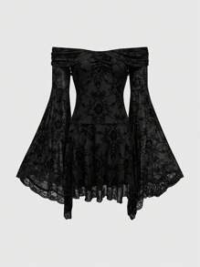 ROMWE Goth Vestido elegante de línea A con hombros descubiertos, mangas largas, estampado floral retro y efecto de flockado, para Año Nuevo, para mujeres