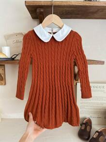 SHEIN Young Girl  Cute & Comfortable  Long Sleeve Contrast Peter Pan Collar Knit A-Line Sweater Dress, Autumn And Winter - Multicolor - View 3