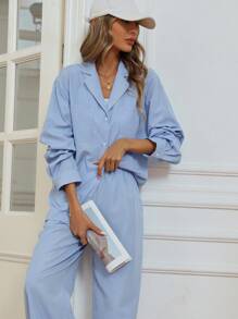 Aveloria 2 件套女士宽松舒适时尚条纹衬衫和裤子套装 - 彩色 - 查看 6