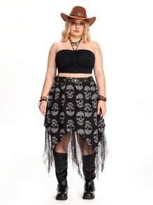 ROMWE Grunge Punk Plus Size Women's Asymmetrical Hem Punk Skeleton Print Mesh Skirt, Halloween - Black - View 3