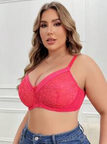 1pc Lace Plus Size Supportive Underwire Bra - Red - View 4