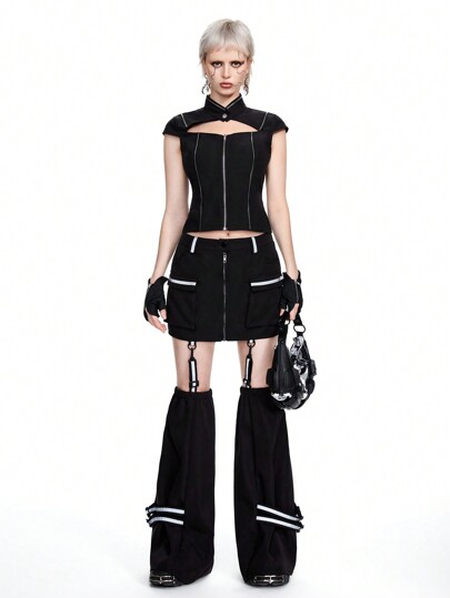 Grunge Punk Cyberpunk Patchwork Metall Reißverschluss Ausschnitt Design Slim Fit Bluse für Frauen