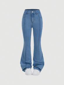 SHEIN MOD Women's Stretch Blue Denim Casual Flared Jeans - Light Wash - View 5