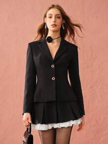 Enchnt Chân váy xếp ly chắp vá màu trơn cho nữ, ngày lễ thường ngày - màu đen - Xem 7