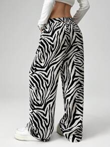 SHEIN EZwear Zebra Stripe Woven Wide Leg Pants - Black and White - View 2