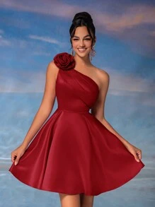 Lovelzi Elegant Luxurious 3D Floral Asymmetrical Neck Ruffle Prom Mini Homecoming Dress, Semi Formal Dress, For Birthday, Wedding Guest, Graduation Party Dress