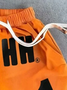 Manfinity Dauomo Quần short cạp rút in khẩu hiệu thường ngày mùa hè cho nam - trái cam - Xem 3