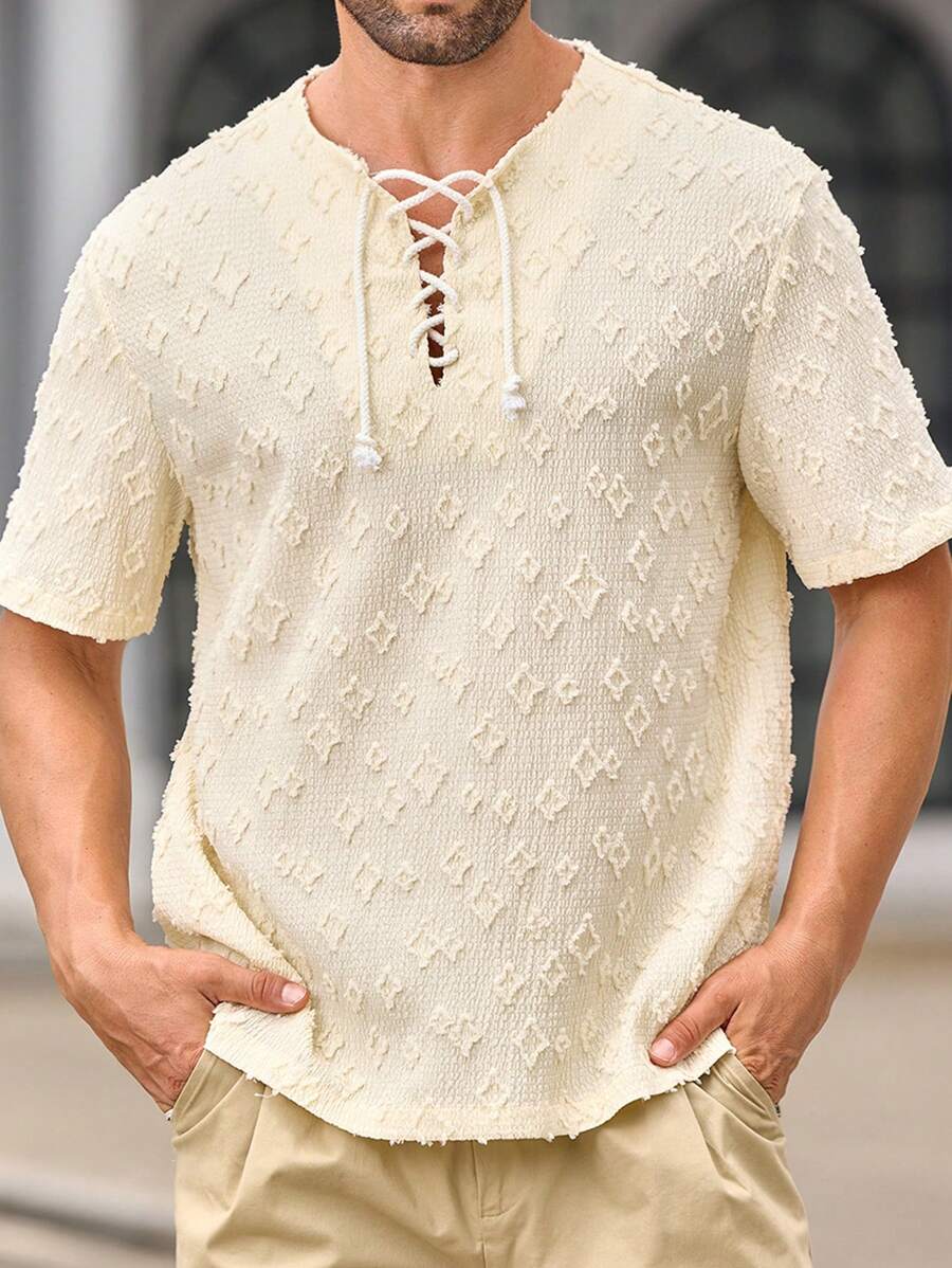 Manfinity VCAY Camisa de hombre de ajuste slim con media cartera perforada, caída de hombros, para verano - Albaricoque - Ver 1