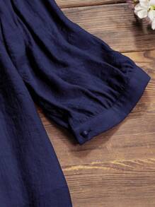 Linhara 大码女式刺绣装饰长袖衬衫 - 寶藍色 - 查看 4