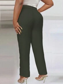 Celure Plus Size Women Solid Color Elastic Waist Casual Pants With Snap-Fastening Flap Pockets And Toothpick Stripes Design