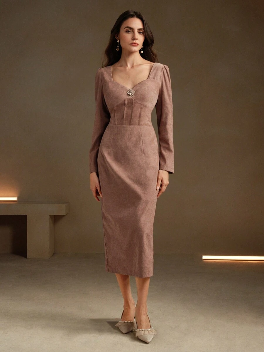 Anewsta Đầm thanh lịch hở lưng, tay dài, cổ vuông, thắt eo - màu nâu - Xem 1