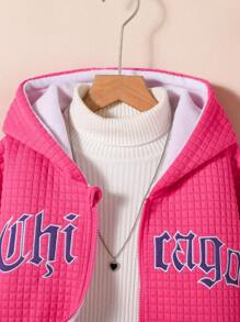 Tween 女童时尚休闲字母印花长袖连帽夹克 - 玫紅色 - 查看 3