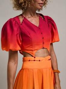 SHEIN Unity 2 件女式前扣渐变色衬衫和百褶裙休闲套装 - 彩色 - 查看 7