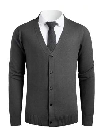 Manfinity Mode Cárdigan casual de cuello en V de manga larga y unicolor para hombre, cárdigan de hombros caídos vintage de otoño/invierno de color gris oscuro grueso, para papá o esposo