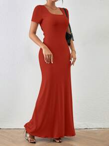 SHEIN Clasi Vestido elegante de unicolor, de manga larga, ajustado y con cuello cuadrado para mujer