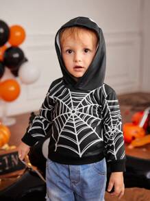 Babyjongens schattige Halloween Spinnenweb Print Hoodie met Oogpatroon, Lange Mouw Sweatshirt voor Fotografie, Feest, Casual, Geschikt voor Herfst & Winter