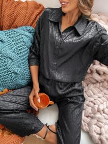 SHEIN LUNE Bộ 2 áo sơ mi họa tiết da báo Jacquard màu tối rộng rãi cho nữ và quần ống rộng, thích hợp cho lễ Halloween - màu đen - Xem 5