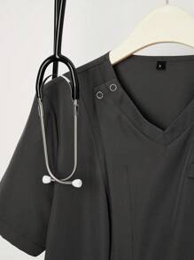 TaskEZ Solid V-Neck Pocket Tee And Tie-Waist Pants Uniform Scrub Set - Grey - View 3