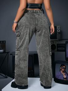 SHEIN ICON Plus Size Casual Washed Denim Cargo Pants - Grey - View 2