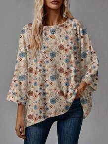 SHEIN LUNE 女士休闲花卉印花宽松圆领 3/4 落肩 T 恤，适合秋冬季 - 彩色 - 查看 5