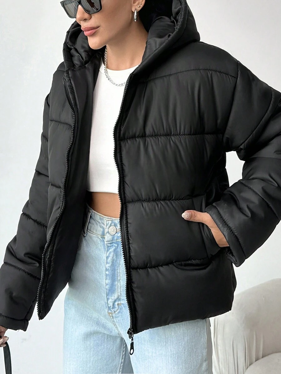 EURMUSE 黑色羽绒冬季大衣（带拉链和连帽衫）