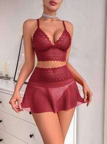 Seduluxe 2pcs/Set Lace Patchwork Sheer Wireless Sexy Lingerie Top & Skirt Set For Women Going Out