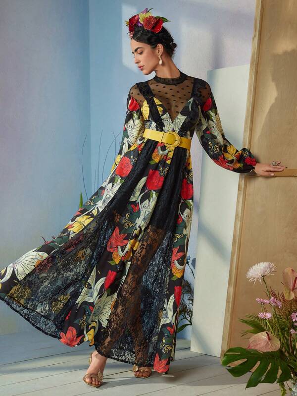 Frida Kahlo X SHEIN X Designer ISELACOS Rochie Boho Boemă cu imprimeu floral din dantelă cu mânecă lanternă, vacanță, petrecere, Ziua Recunoștinței, vacanță, primăvară, festival