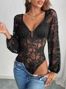 Chiquease Body elegante de manga larga con contraste de encaje para mujer, primavera y verano