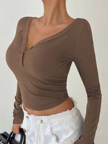 DAZY V-Neck Half Placket Button Curved Hem Fitted Long Sleeve Women T-Shirt