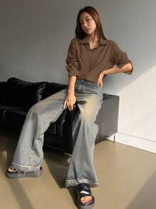 DAZY 女士纯色前扣领长袖休闲衬衫，秋季服装 - 棕色 - 查看 2