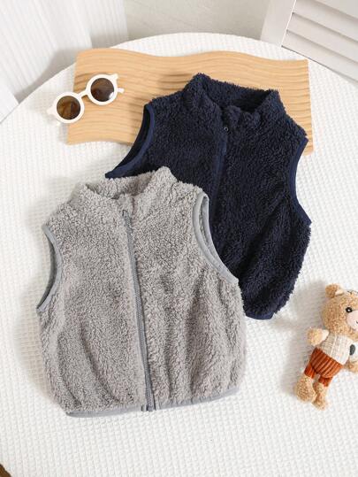 2 件套男婴/女婴蓬松纯色背心和夹克，秋冬