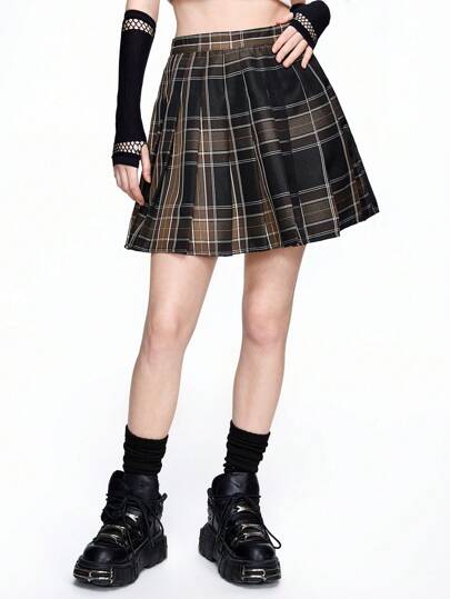 J-Fashion Plaid Pleated A-Line Skirt, Casual Daily Wear