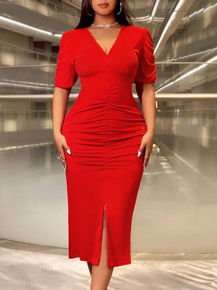 Cravure Plus Size V-Neck Short Sleeve Ruched Fitted Charming & Elegant Split Hem Dress For New Year Clothes Maxi Women Outfit Prom - Red - View 6