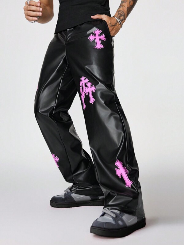 Manfinity RebelGame Pantalones largos rectos y sueltos de cuero de Brasil para hombres, pantalones holgados con estampado gráfico para salir, para regalos de esposo o novio, otoño