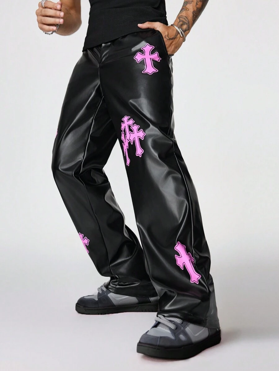 Manfinity RebelGame 男士宽松直筒巴西皮革长裤，图案外出宽松裤，适合丈夫、男朋友的礼物，秋季 - 黑色 - 查看 1