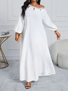 SHEIN Lady 春夏优雅波西米亚风白色编织露肩主教袖不对称长袖大码连衣裙长袍白色连衣裙