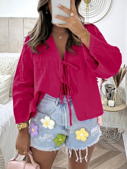 INAWLY Blusa casual de manga larga con nudo delantero de unicolor para mujer