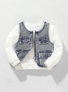 Áo vest denim màu xanh họa tiết vá đá thời trang cho bé trai, nhiều túi, thích hợp làm quần áo mặc ở nhà và đi học vào mùa thu cho bé trai - Rửa nhẹ - Xem 1