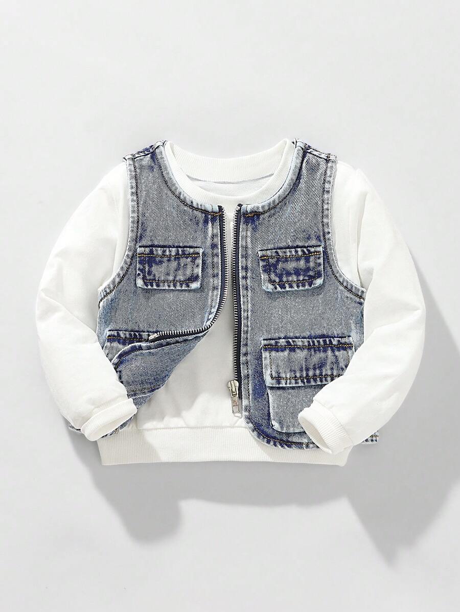Áo vest denim màu xanh họa tiết vá đá thời trang cho bé trai, nhiều túi, thích hợp làm quần áo mặc ở nhà và đi học vào mùa thu cho bé trai - Rửa nhẹ - Xem 1