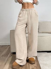 SHEIN EZwear Women's Apricot Color Cordury  Wide Leg Pants,Autume / Winter - Khaki - View 6