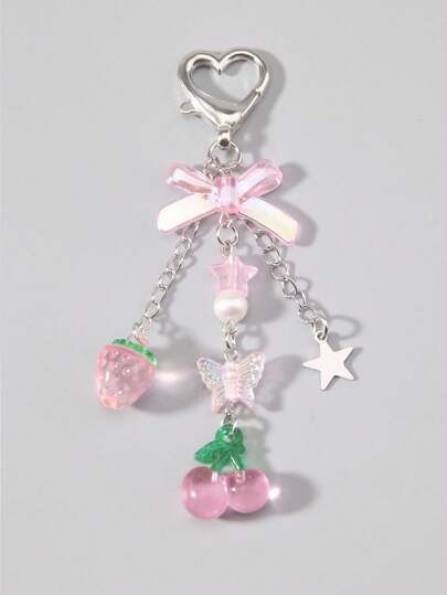 Portachiavi kawaii e carino con design a fragola, stella, fiocco con perle finte, fiore e foglia, adatto come regalo per il ritorno a scuola, regalo di amicizia, regalo per le vacanze