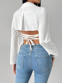 Chiquease Camisa casual de mujer de unicolor de manga larga con botones delanteros, lazo trasero y espalda descubierta