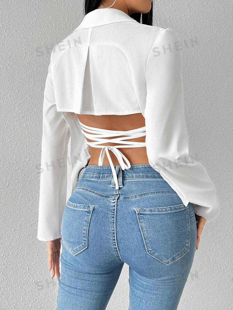 Chiquease Camisa casual de mujer de unicolor de manga larga con botones delanteros, lazo trasero y espalda descubierta