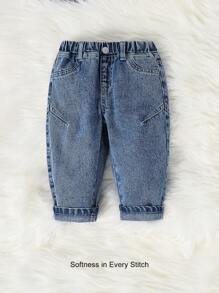Cozy Pixies Jeans casuales básicos azules de bebe niño con diseño lindo y bajo dividido, ropa interior/exterior para bebé niños en otoño - Azul lavado medio - Ver 3