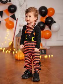 SHEIN Bộ 4 món đồ liền thân hình quỷ đáng yêu cho bé trai, quần sọc cam thêu hình quả bí ngô, mũ và yếm cho bé từ 0-18 tháng tuổi, mùa thu/đông, dành cho tiệc Halloween - Nhiều màu - Xem 3