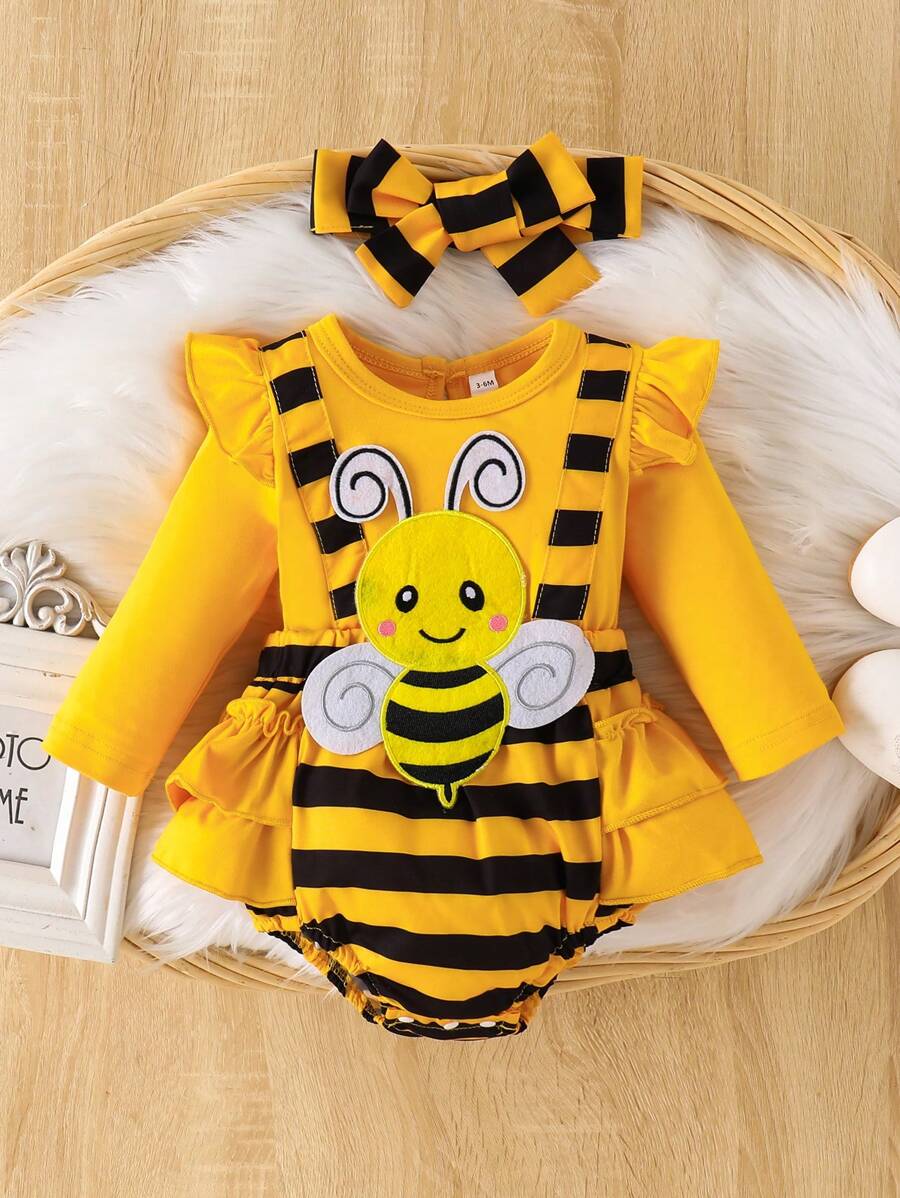 SHEIN Conjunto elegante para bebé niña con body con volantes estampado de abeja adorable y diadema a rayas - Amarillo - Ver 1