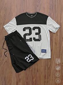 Manfinity VCAY 男士宽松数码印花 V 领针织短袖平纹 T 恤和短裤套装，适合夏季、返校