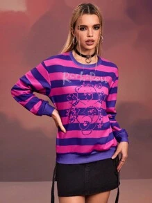 SHEIN X Care Bears Designer Women's Street Style Loose Long Sleeve Drop-Shoulder Stripe Pattern Rhinestone Printed Sweatshirt Casual Daily Wear Fall Top, Holiday, Thanksgiving, Winter, Spring, Going Out, Festival
