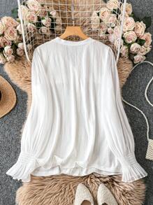 SHEIN Clasi Plus Size Solid Color Button Front Long Sleeve Casual Blouse - White - View 2